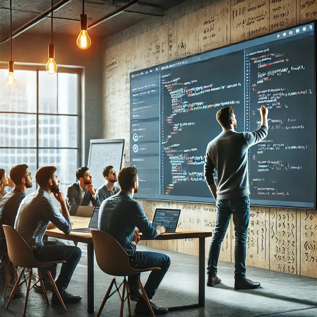 A person writes code on a large screen while others watch and take notes.